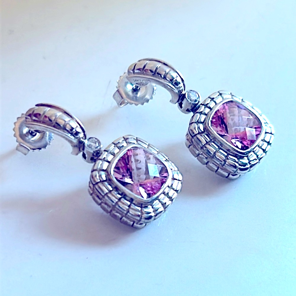 Charles Krypell 14k And Sterling Silver Diamonds And Pink Topaz Earrings